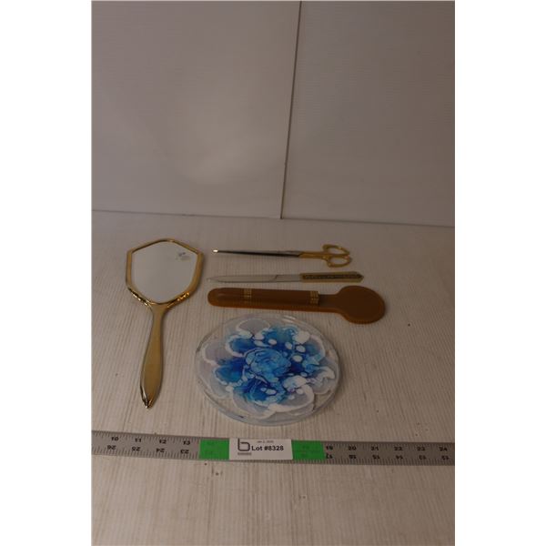 Vintage Mirror. Knife & Scissor Set, Plastic Flower Dish