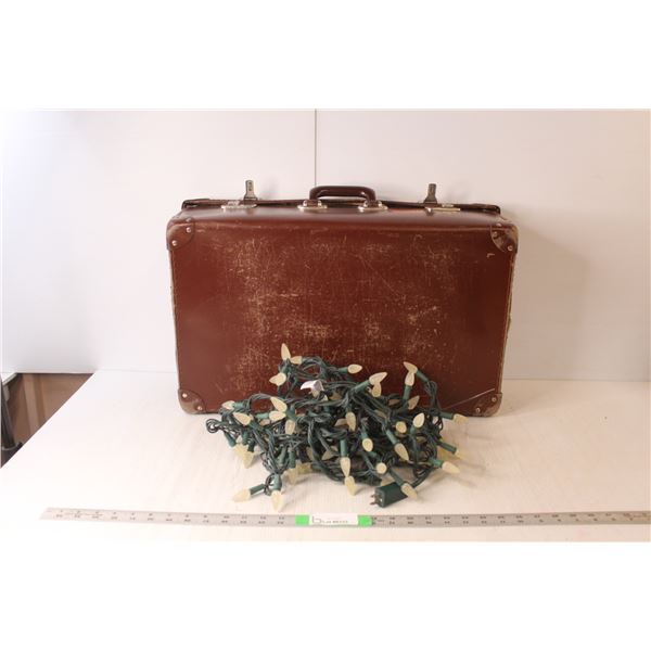 Vintage Suitcase (Made in England) 23.5" Long & Christmas Lights- Powers On