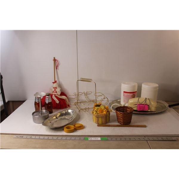 (2) Vintage Michelor Beer Bottles, Dust Moppet, Tin Tray, Misc.