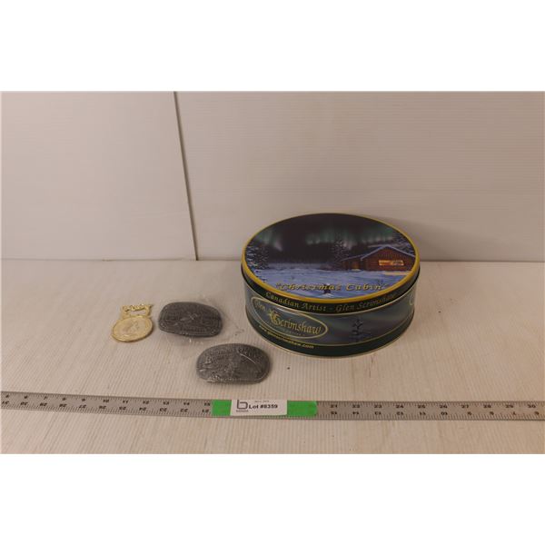 Glen Scrimshaw 'Christmas Cabin' Tin, 1992 & 2004 Hesston Belt Buckles, Queen Elizabeth Souvenir