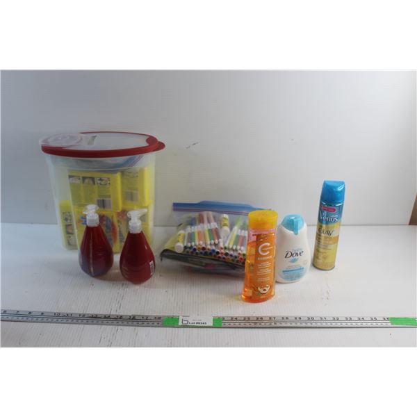 Soaps. Shampoo, Markers, Glue Stick and Assorted Art Supplies