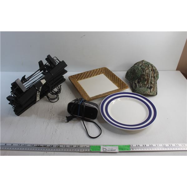 Ceramic Plates, Hat, Alarm Clock and Hangers