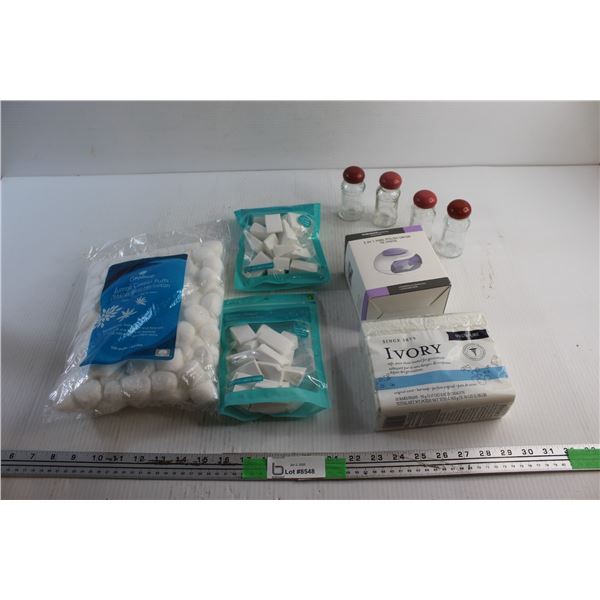 Jumbo Cotton Puffs, Cosmetic Wedges, 2 in 1 Nail Polish Dryer, Ivory Soap Pack and Spice Shakers