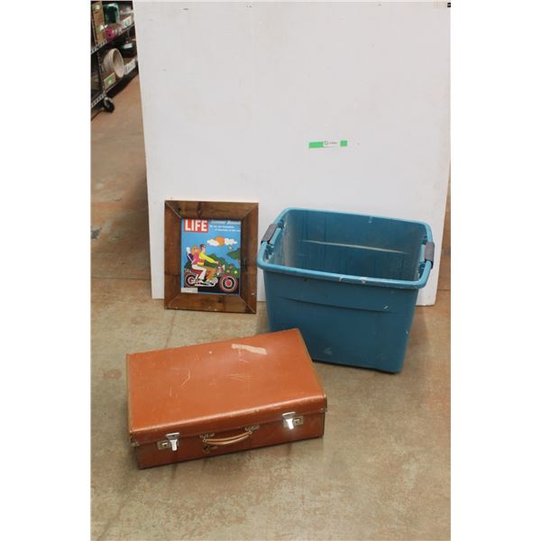 *Travel Case, Large Plastic Tote and Framed Life Magazine 18'' x 16''