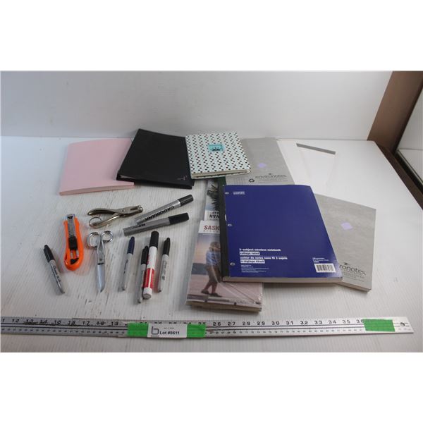 Sharpies, Box Cutter, Notebooks, Scissors, Paper Punch and Misc.
