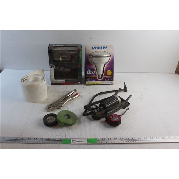 Philips LED Light Bulb, Leg Air Pump, Tape Measure, Tapes and Misc.