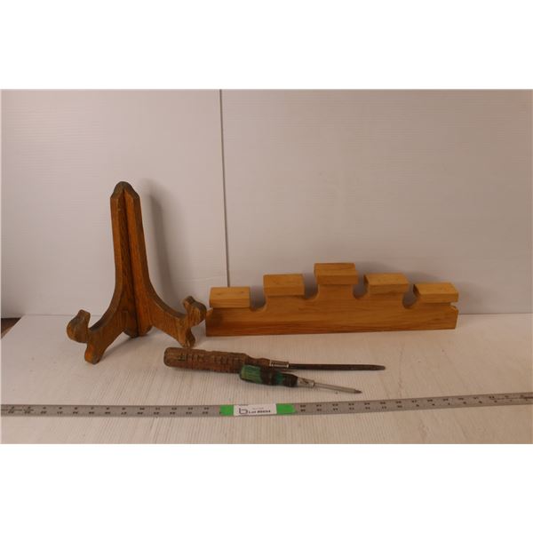 (2) Vintage Screwdrivers, Wood Stand & Wall Shelf