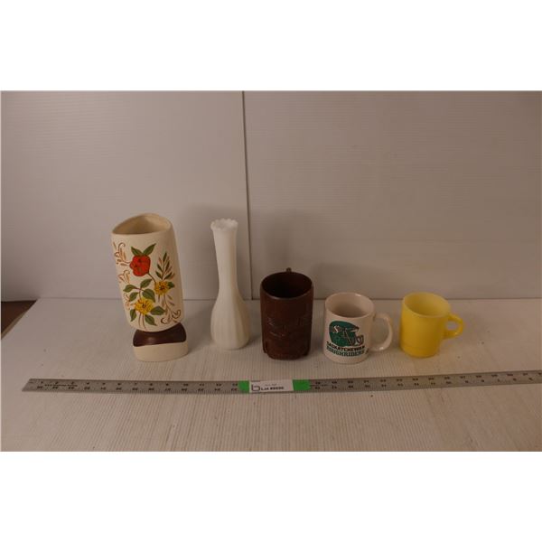 (3) Mugs- Saskatchewan Roughriders, Wood Carved, Fire King, (2) Vases