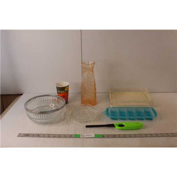 Glass Serving Bowl & Plate, Windriver Outfitting Co. Mug, Plastic Vase, Misc.