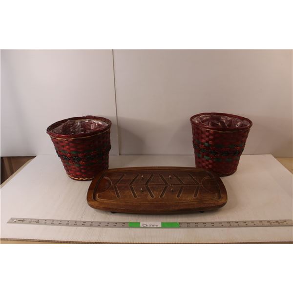 (2) Woven Christmas Baskets, Meat Cutting Board