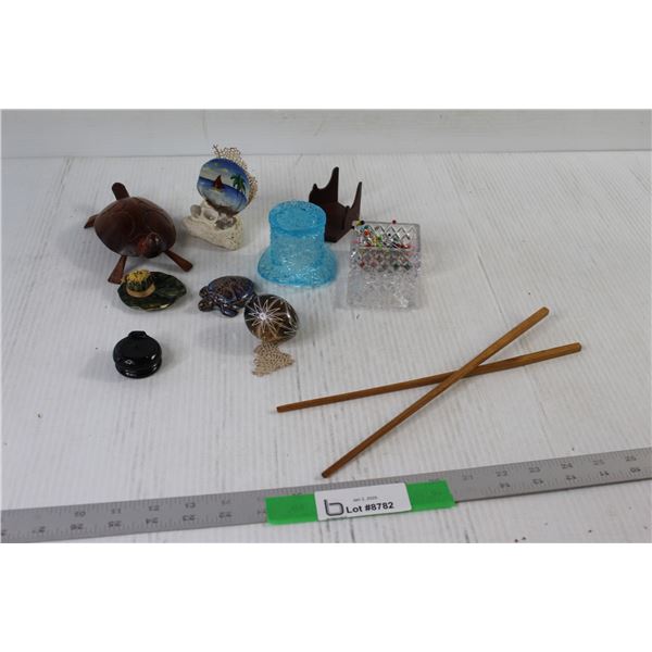 Pin Needles, Chopsticks, Wooden Turtle, Ceramic Turtle, Glass Hat Decor, Misc.