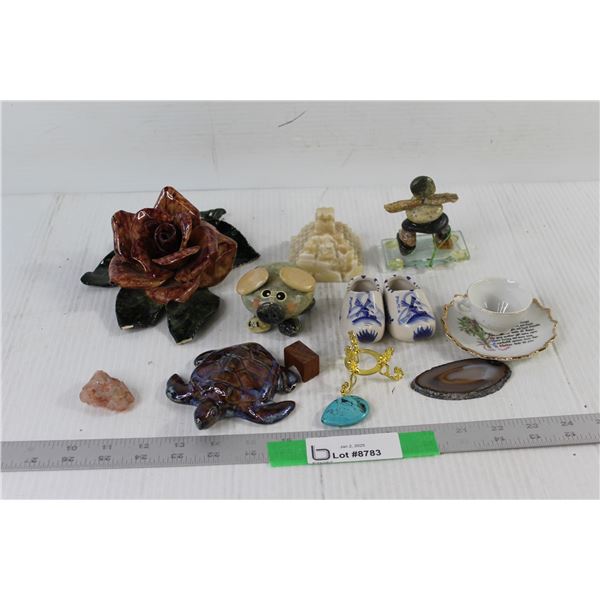 Ceramic Flower, Inukshuk, Rock Pig, Ceramic Turtle, (3) Stones, Misc. Decor