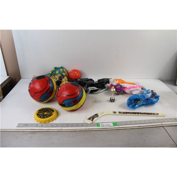 (4) Beach Balls, (6) Toy Balls, Hockey Mini Sticks