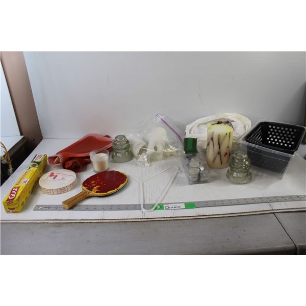 Assorted Candles, (2) Glass Insulators, Ping Pong Paddle, (2) Water Flasks, Cling Wrap