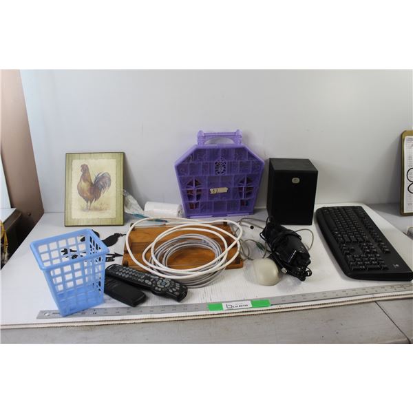 Logitech Keyboard, (2) Remotes, Logitech Speaker, Welcome Sign, Misc.