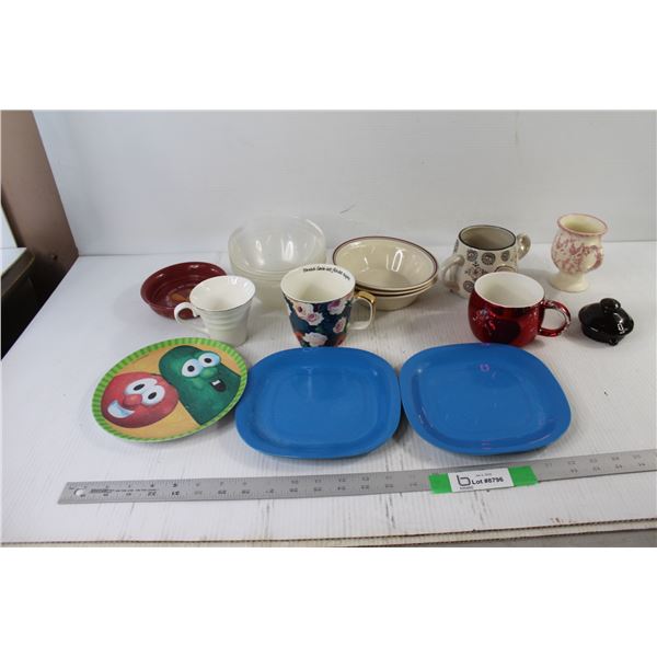 Assorted Bowls and Plates ( 1 is Veggie Tales), (4) Mugs, Candle Holder