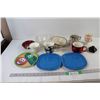 Image 1 : Assorted Bowls and Plates ( 1 is Veggie Tales), (4) Mugs, Candle Holder