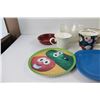 Image 2 : Assorted Bowls and Plates ( 1 is Veggie Tales), (4) Mugs, Candle Holder