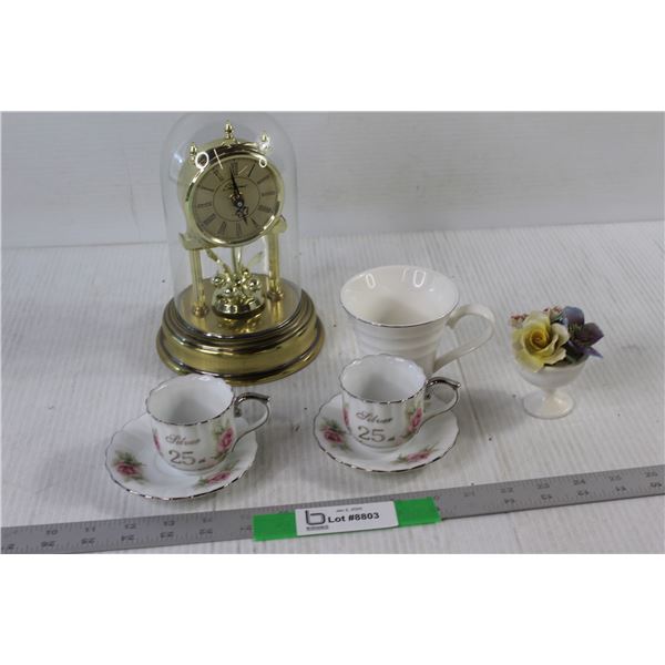 (2) Demitasse Tea Cups and Saucers, Anniversary Clock, Mug, Ceramic Flower Decor