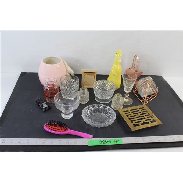 Duck Cologne Bottle, (4) Glass Cups, Salt and Pepper Shaker Bottles, Bunny Jar, Misc.