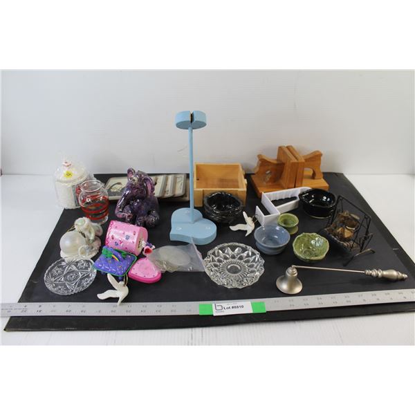 Bird Coasters, Ceramic Elephant, Assorted Pottery and Wood Ornaments