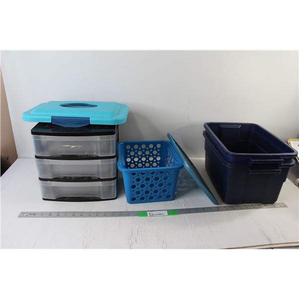 (3) Plastic Tubs, Three Shelf Organizer