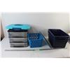 Image 1 : (3) Plastic Tubs, Three Shelf Organizer