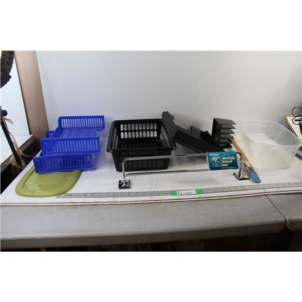 Plastic Tub, 18" Double Towel Bar, (2) Plastic Paper organizers, Back Scratcher