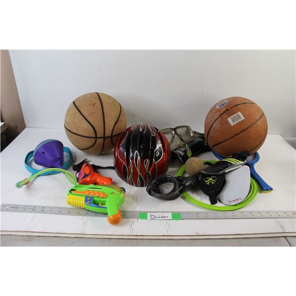 (2) Basketballs, Snorkel, (2) Water Guns, Bike Helmet, Misc.