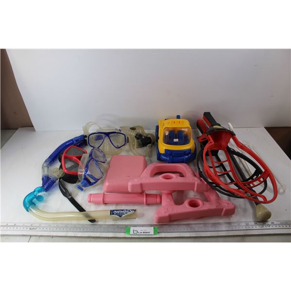 (3) Pairs Of Goggles w/ (3) Snorkels, (2) Plastic Trac Ball Rackets, Misc.