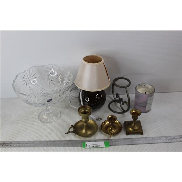 (3) Brass Candle Stick Holders, Bohemia Pin Wheel Crystal Fruit Bowl, Small Lamp w/ Sphere Like Base