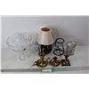 Image 1 : (3) Brass Candle Stick Holders, Bohemia Pin Wheel Crystal Fruit Bowl, Small Lamp w/ Sphere Like Base