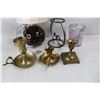 Image 4 : (3) Brass Candle Stick Holders, Bohemia Pin Wheel Crystal Fruit Bowl, Small Lamp w/ Sphere Like Base