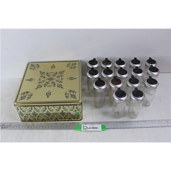 (16) Glass Spice Holders, Decorative Tin