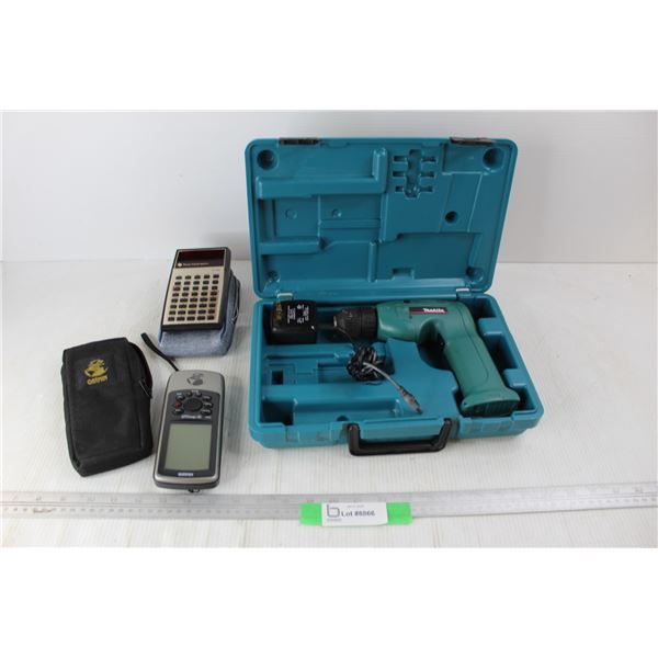 Makita Battery Operated Drill w/ Cord & Case, Texas Instruments Calculator, Garmin GPSmap 76 GPS, Al