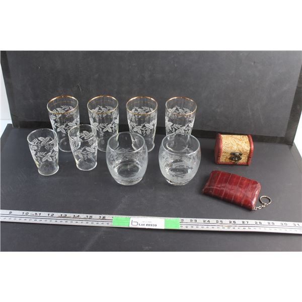 (8) Glass Cups, Coin Bag and Jewelry Chest