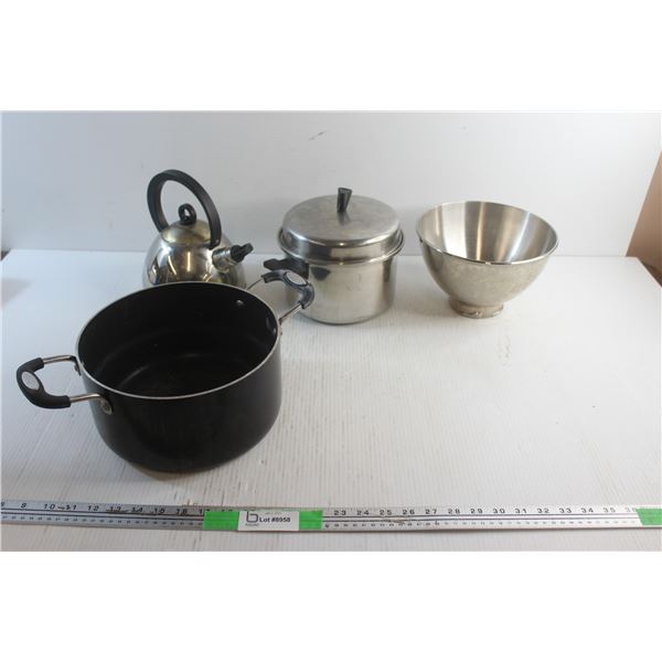 Kettle, Metal Bowl and Cooking Pots with Lid