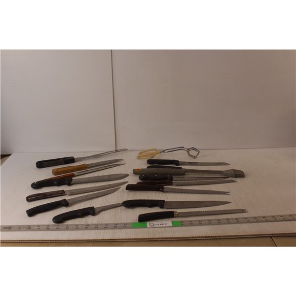 Kitchen Lot- Knives, Tongs, Barbecue Brush, Meat Fork