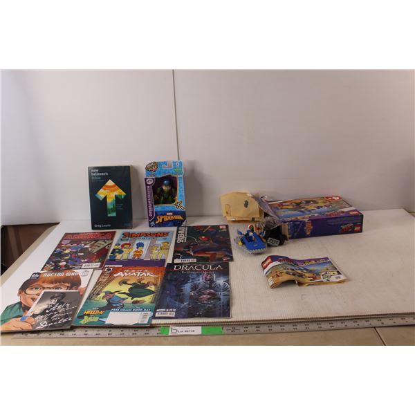 Emmet & Benny's Build & Fix Workshop' Lego Toy Set- As Is, (6) Comics- Spiderman, Dracula, The Simps