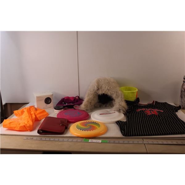 (3) Frisbees, (2) Toques, Telus Indoor Camera- As Is, Inflatable Arm Bands, Misc.