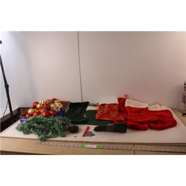 Christmas Lot- (6) Stockings, Garland, Tree Ornaments, Misc.