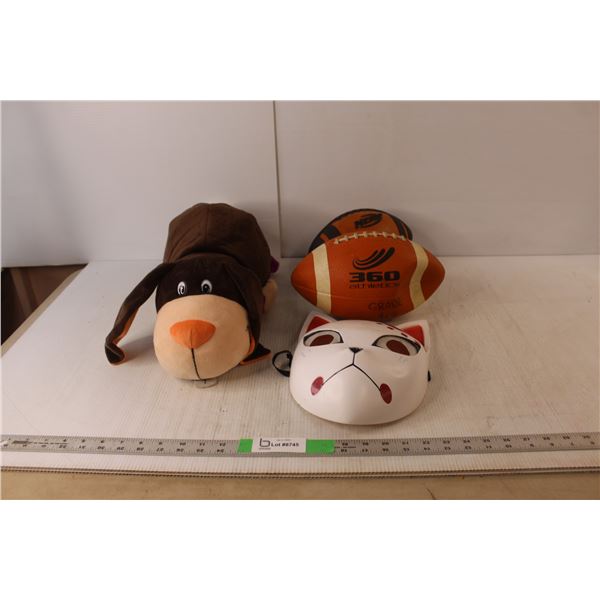 (2) Footballs, Cat Mask & FlipaZoo Stuffed Animal
