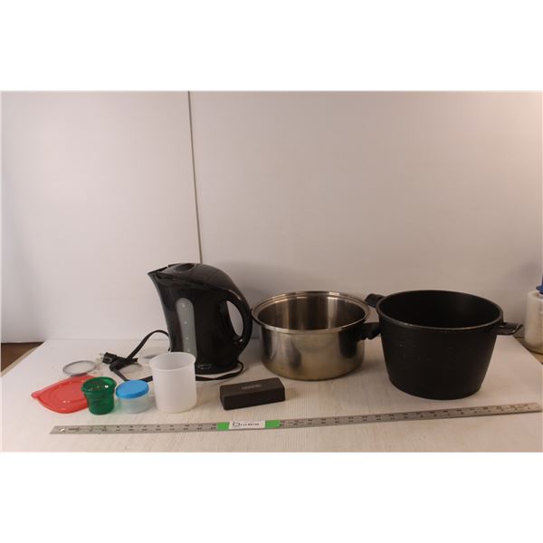Betty Crocker Electric Kettle- Powers On, (2) Cooking Pots, Whiteboard Eraser, Misc.