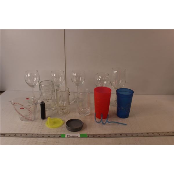 Original 16 Beer Mug,(5) Wine Glasses, Measuring Cup, Misc.