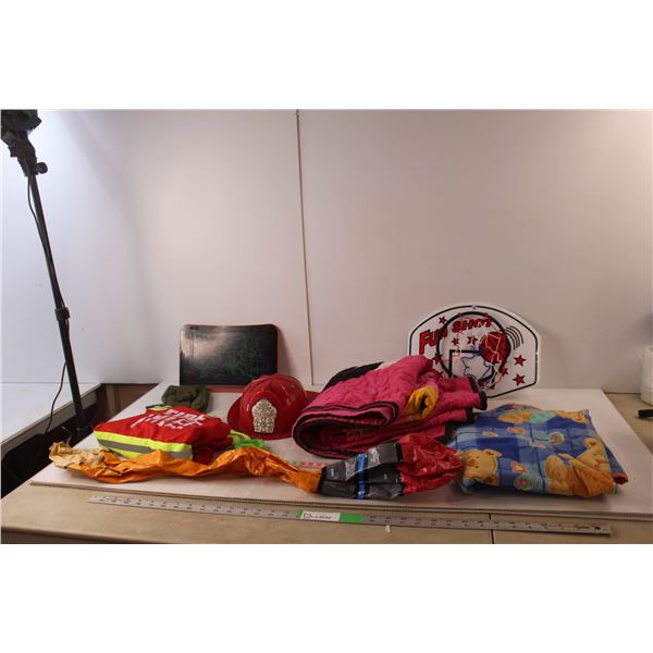 Kids' Lot- (2) Blankets. Firefighting Costume, Boogie Board- As Is, Misc.