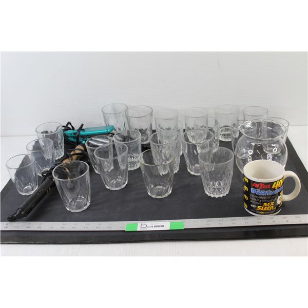 (21) Glass Cups, 40th Birthday Mug, (2) Curling irons - As Is, Vase