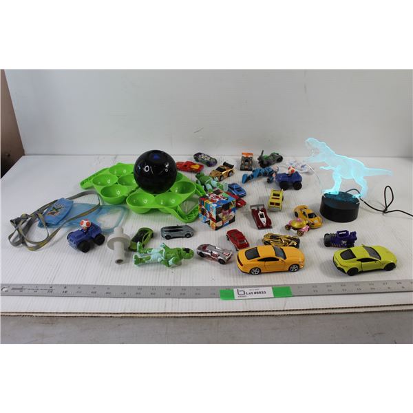 Magic Eight Ball, Dinosaur Lamp - Tested Works, Hotwheels, (2) Die Cast Cars, Misc.