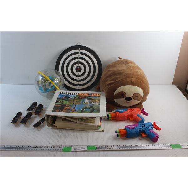 Target, (2) Duel Shot Nerf Guns, Tech Deck Finger Skateboards, Wildlife Explorer Album and Misc.