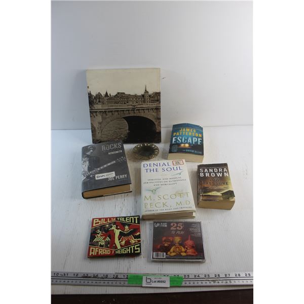 (4) Books, Bridge View Art Print 12'' x 12''. Brass Ash Tray and Audio CDs