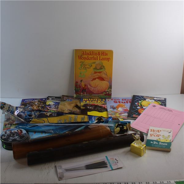 Kids Books, DVD Movies. Sparklers, Bamboo Coin Bank, Batman Kite and Misc.